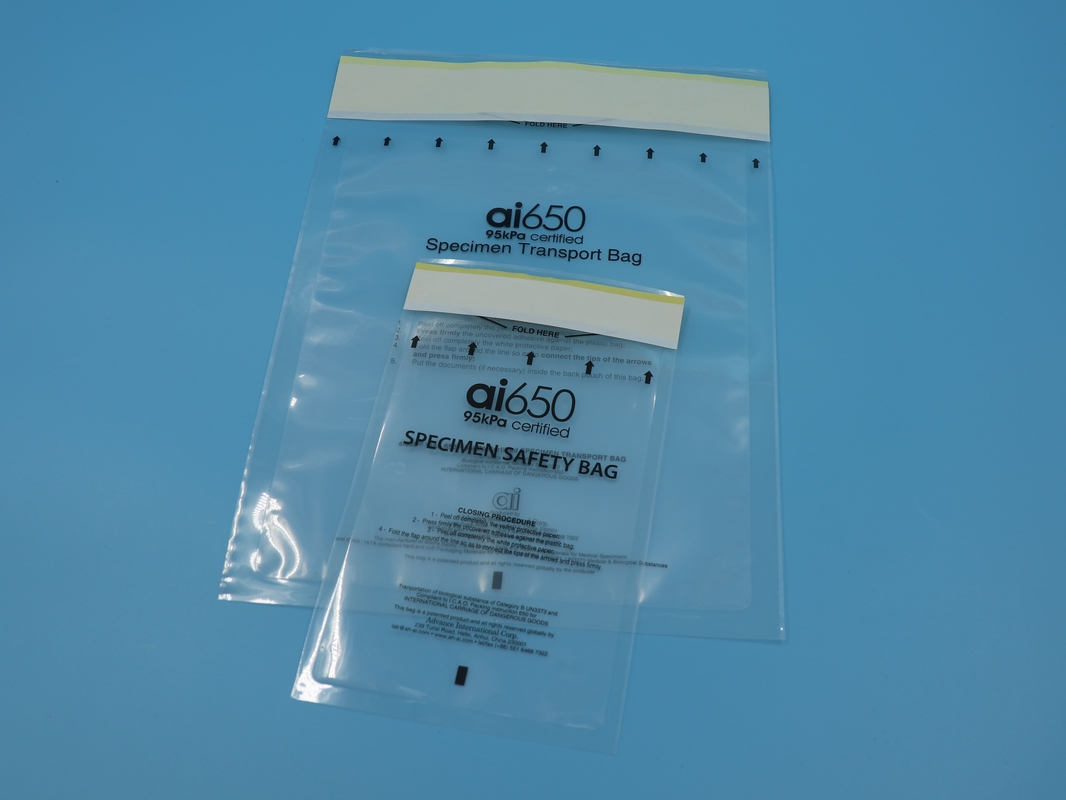 95kpa Pet Pe Matériau plastique médical jetable Biohazard Retrait d'échantillon Sacs de transport 6x9 Avec poche