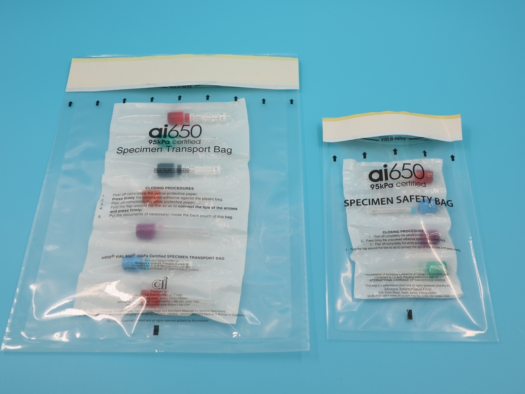 Sac de transport de spécimens en plastique Ldpe Ziplock 95kpa Trois couches de sac dentaire kangourou Transparent